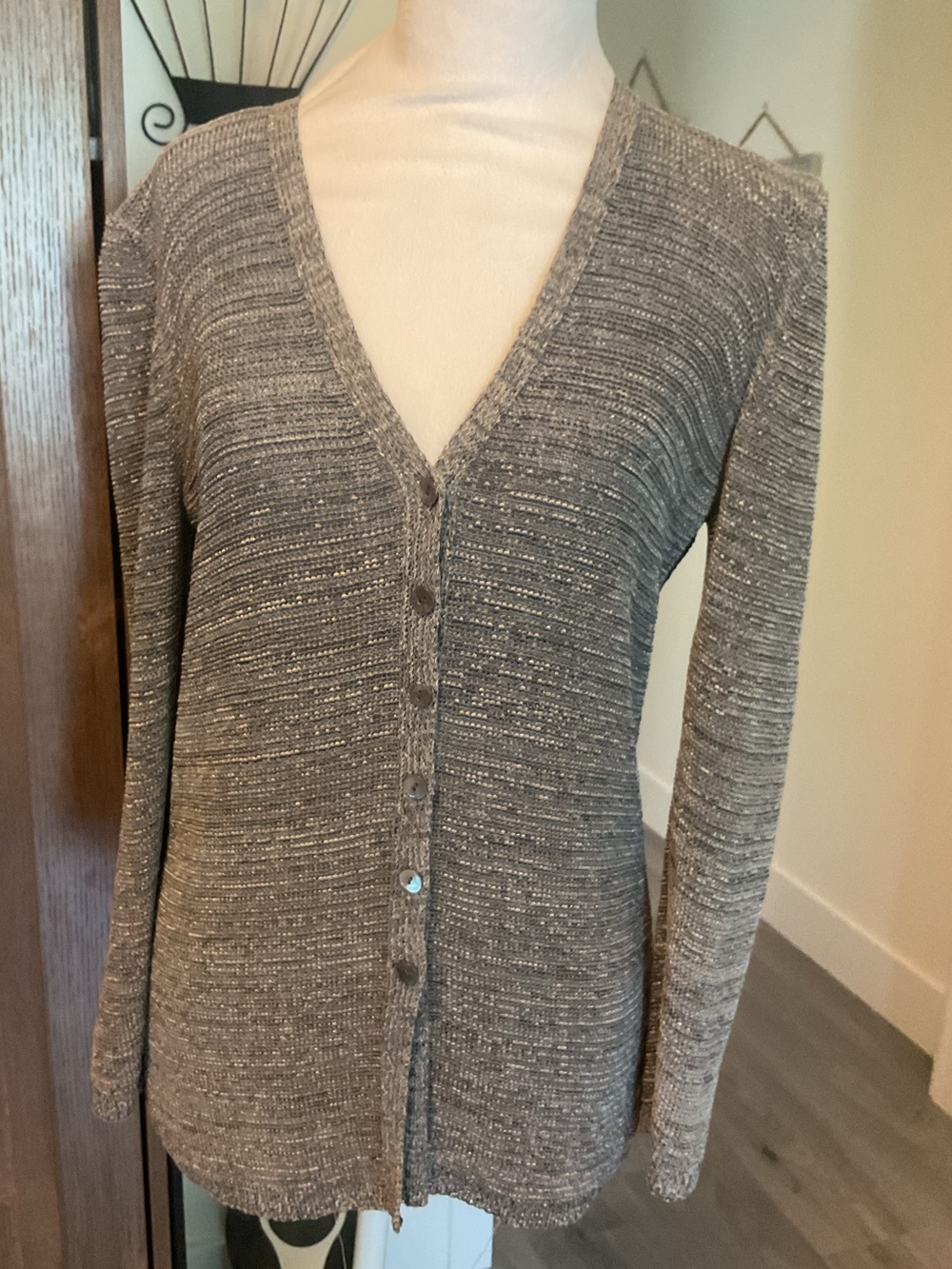 ***Dana Buchman** Silver Knit Metallic V-Neck Button Cardigan